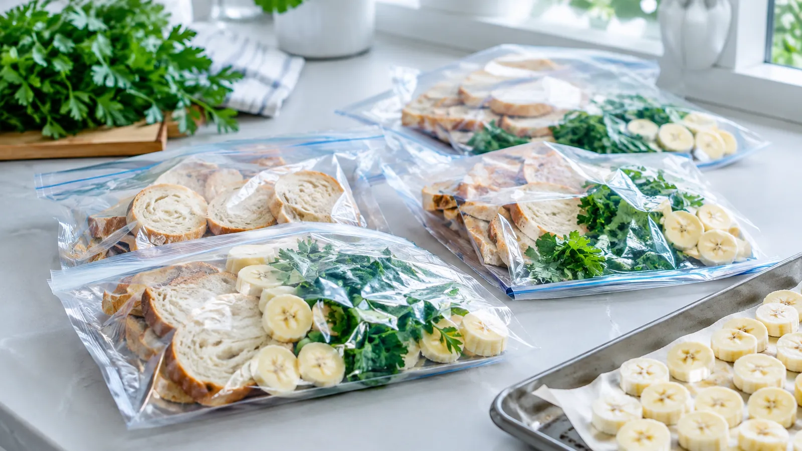 Sachets de congélation transparents remplis de tranches de pain, rondelles de banane et herbes fraîches sur un plan de travail