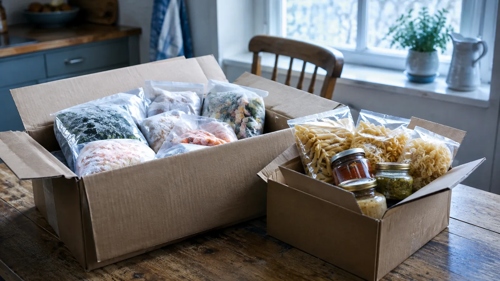 Cartons de livraison ouverts sur une table de ferme, remplis de sachets surgelés unis, de pâtes et de bocaux