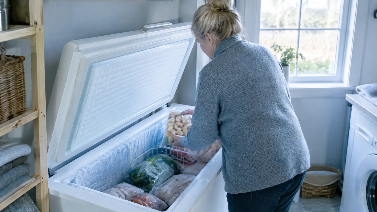Femme d'une soixantaine d'années, vue de dos, rangeant des sachets surgelés unis dans un congélateur coffre