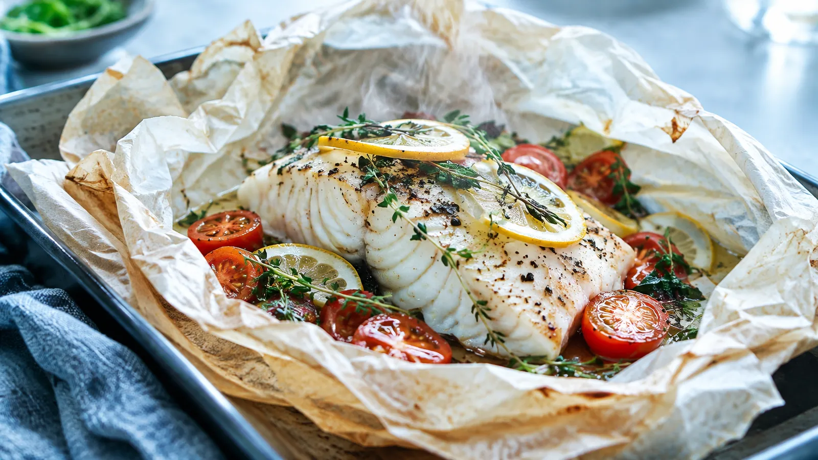 Dos de cabillaud nacré en papillote ouverte avec tomates cerises, rondelles de citron et herbes fraîches