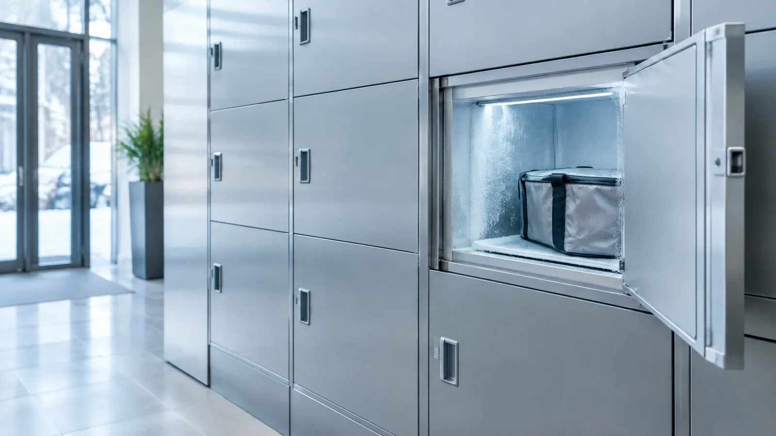 Casiers réfrigérés métalliques gris dans un sas éclairé, une porte ouverte sur un sac isotherme