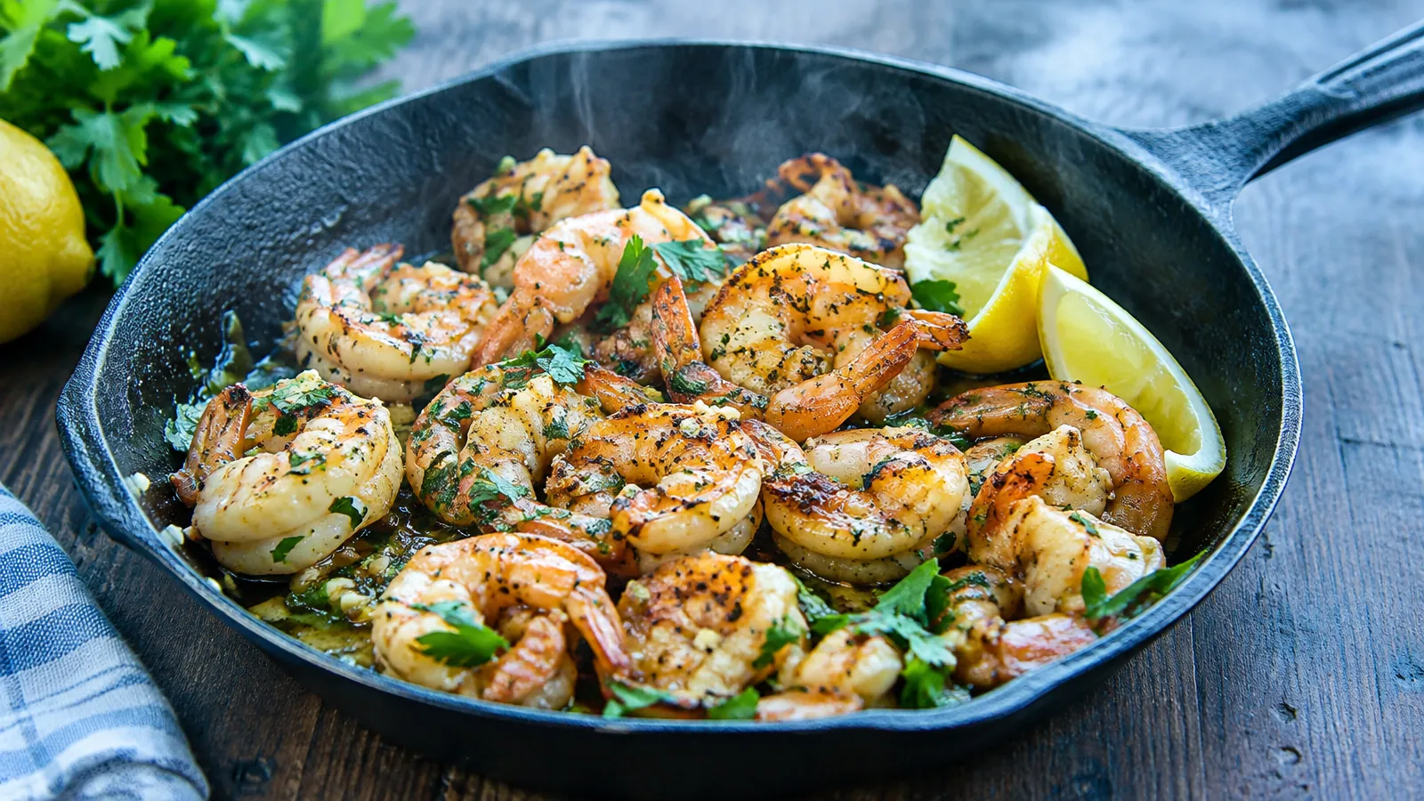Poêle en fonte remplie de crevettes dorées à l'ail et au persil, avec des quartiers de citron