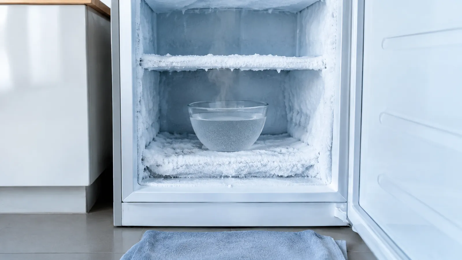 Bol d'eau chaude fumant posé dans un compartiment de congélateur vide aux parois couvertes de givre épais