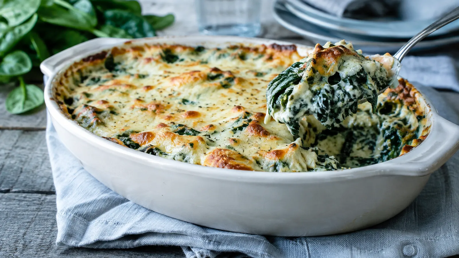 Gratin d'épinards doré et bouillonnant dans un plat en céramique, avec une cuillère de service
