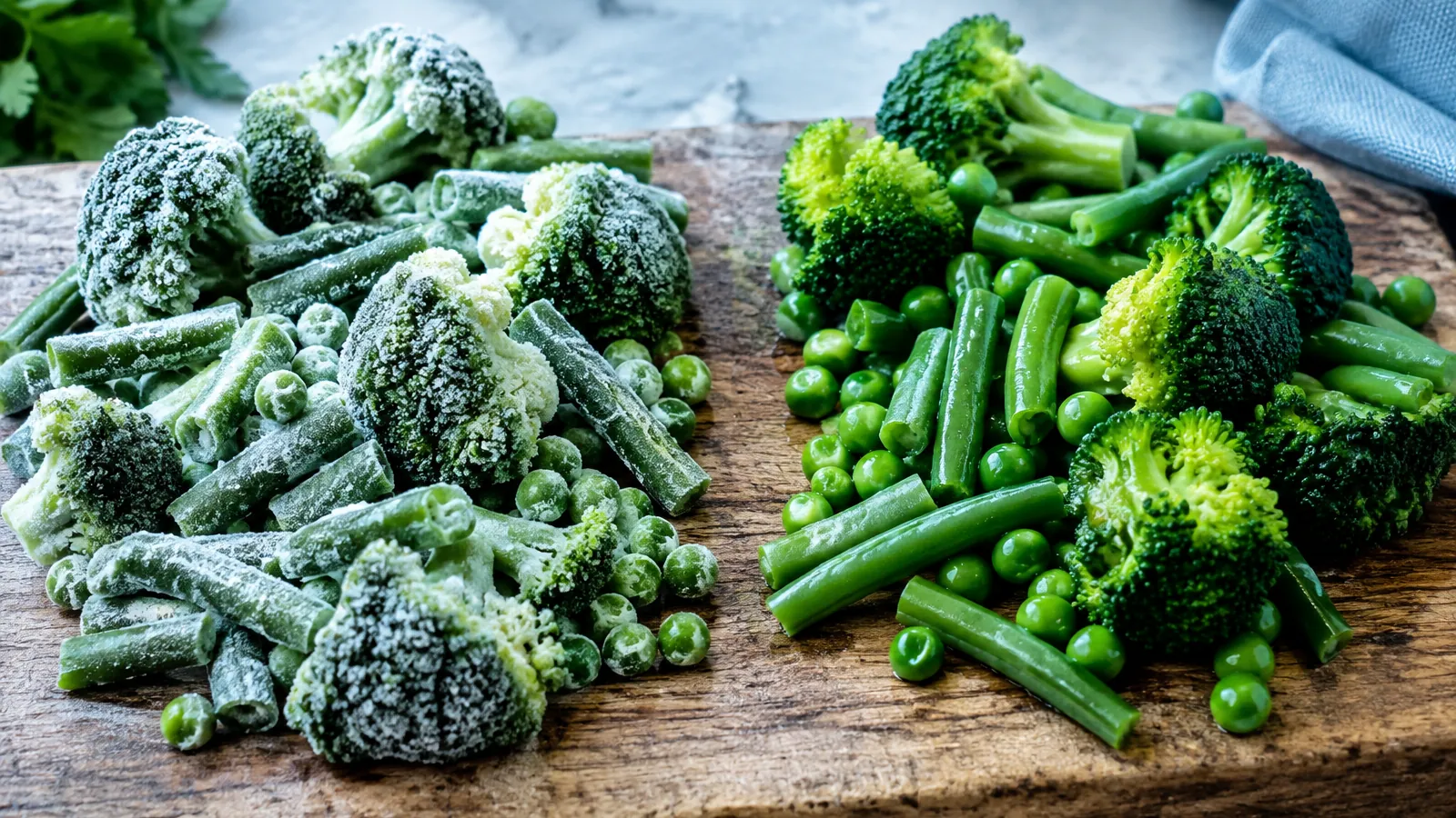 Brocolis, petits pois et haricots verts surgelés givrés à côté des mêmes légumes frais sur une planche en bois