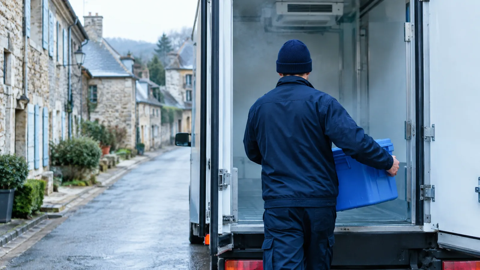 Livreur vu de dos tenant un bac de congélation bleu devant le hayon ouvert d'un camion frigorifique blanc