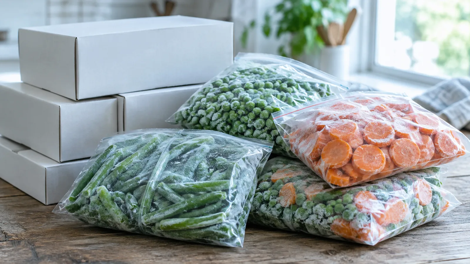 Sachets transparents de légumes surgelés posés à côté de boîtes en carton blanc unies sur une table en bois