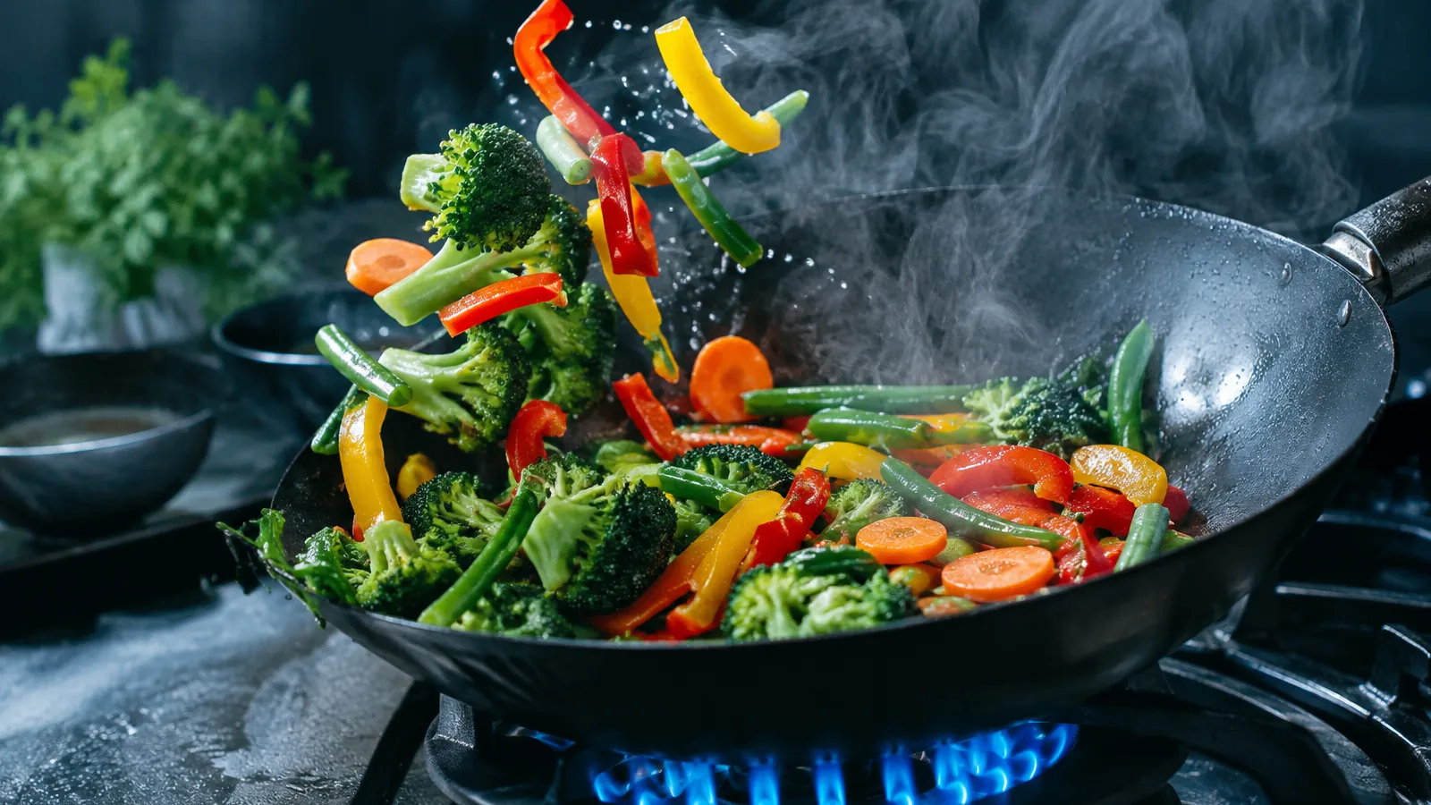 Wok noir rempli de légumes colorés sautés, poivrons, brocolis, carottes et haricots, au-dessus d'une flamme