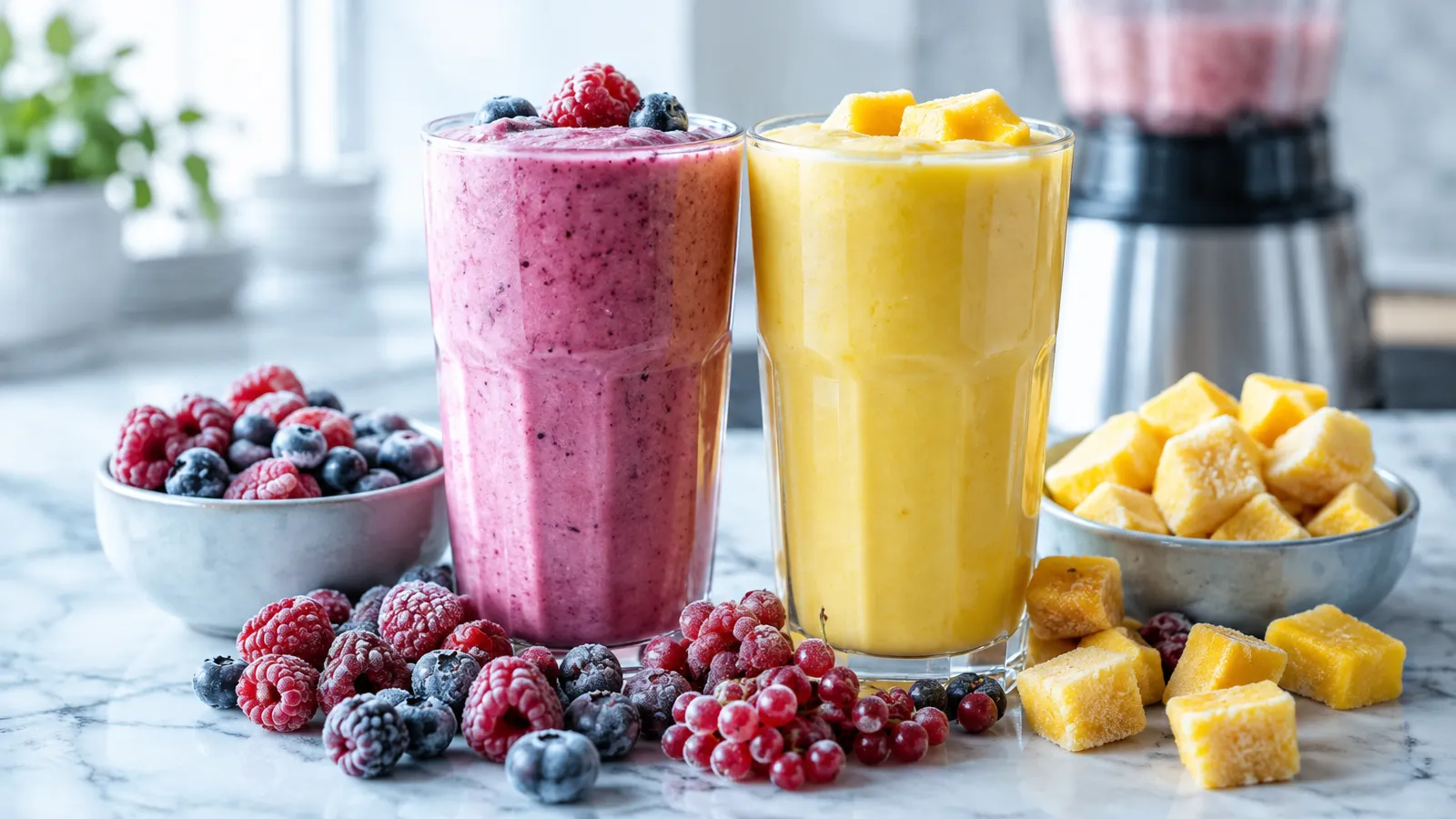 Deux verres de smoothie épais, rose et jaune, entourés de fruits rouges et de dés de mangue givrés