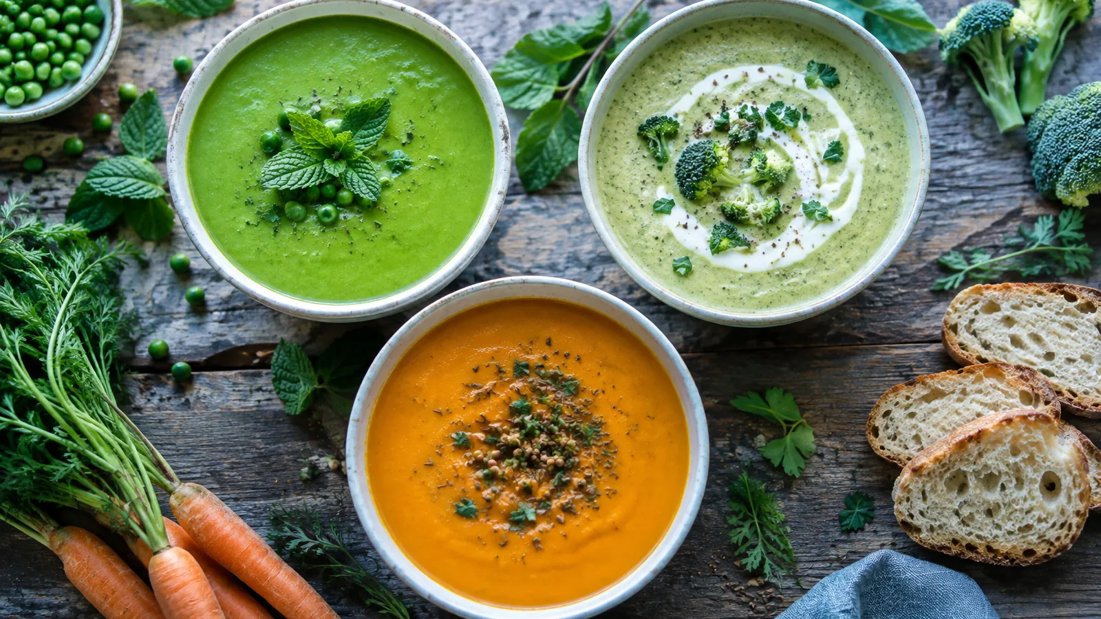 Trois bols de veloutés vert, vert clair et orange avec du pain de campagne sur une table en bois