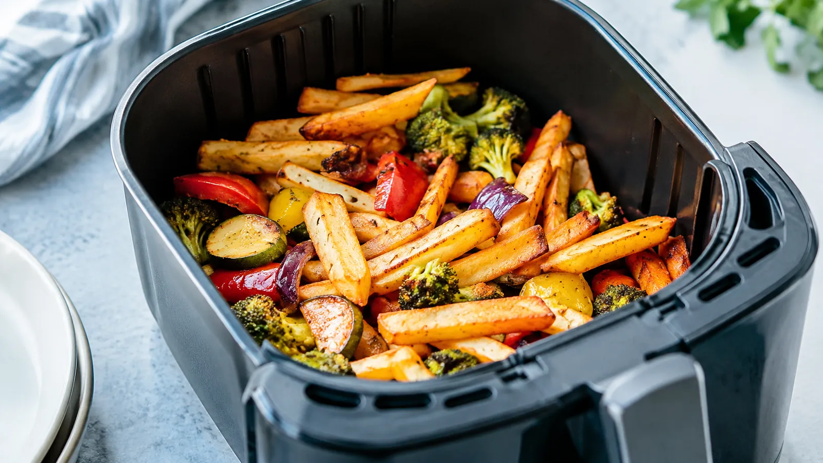 Frites dorées et légumes rôtis dans le panier ouvert d'une friteuse à air chaud, sur un plan de travail clair