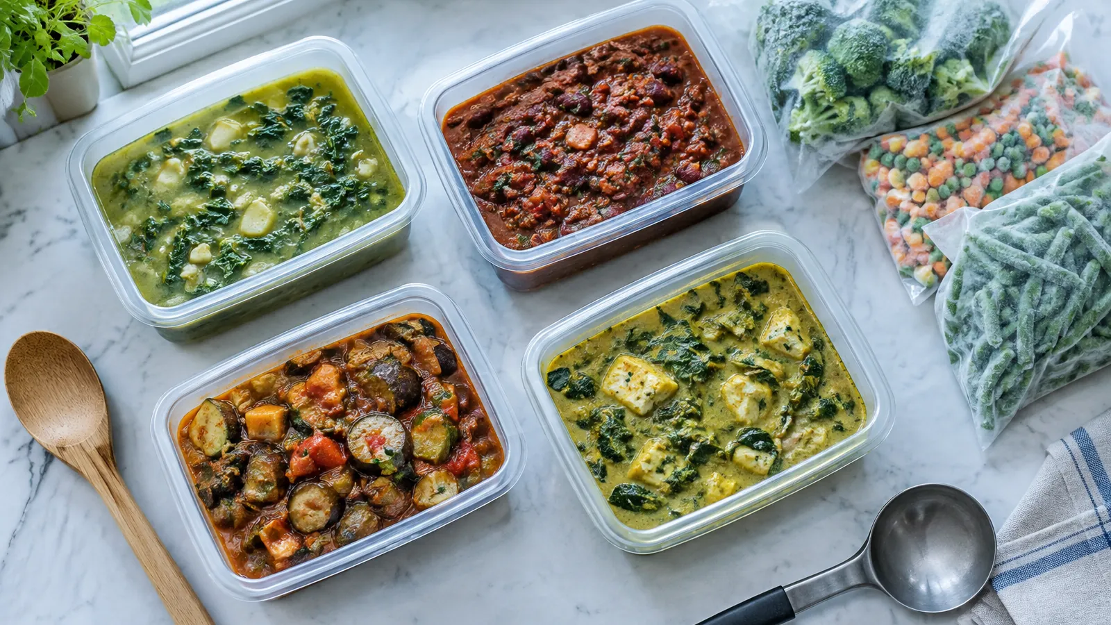 Plan de travail vu de dessus avec des boîtes de plats maison qui refroidissent et des sachets de légumes surgelés