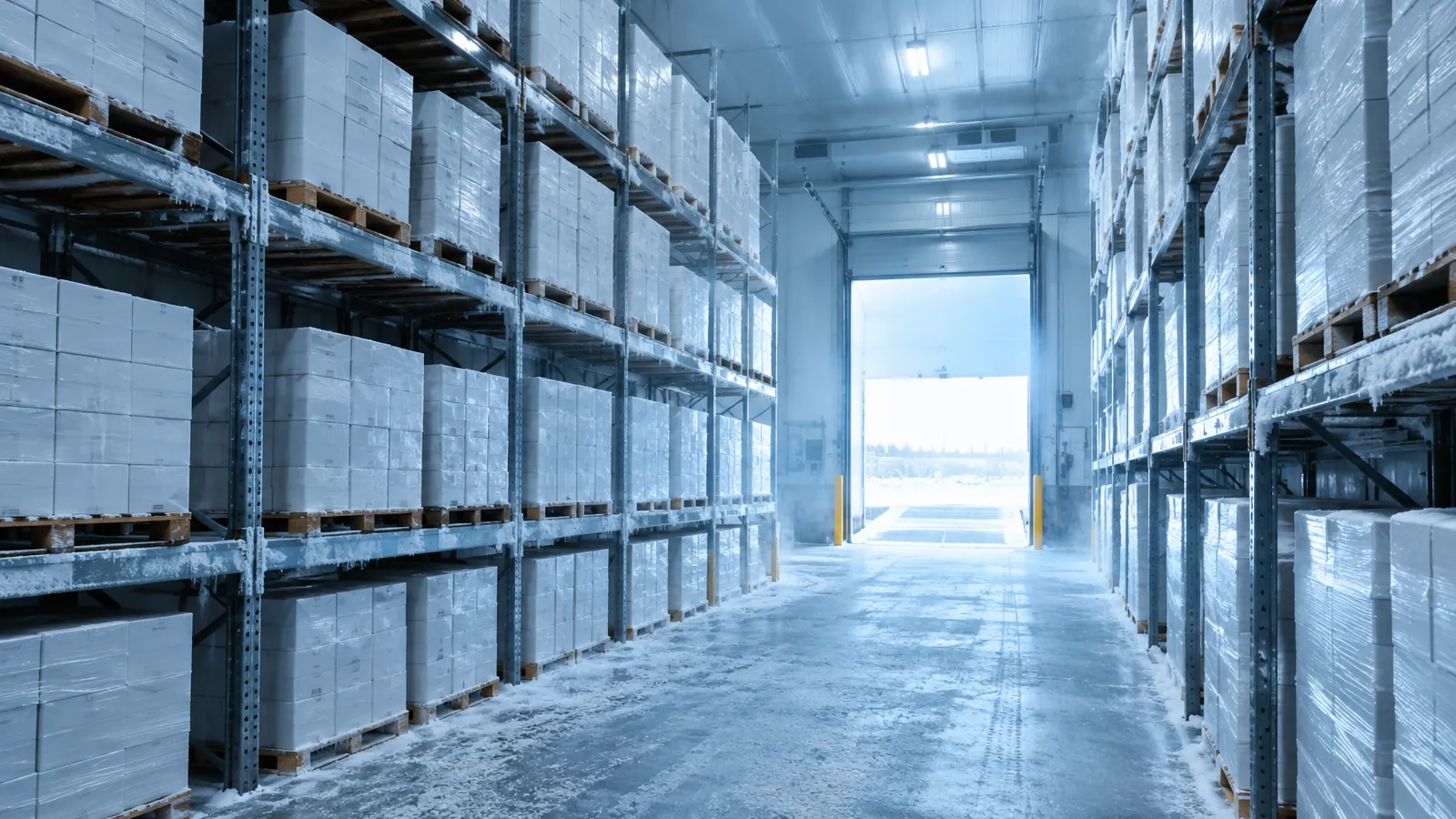 Entrepôt frigorifique moderne avec des palettes de cartons blancs empilées, sous une lumière bleutée et un air givré