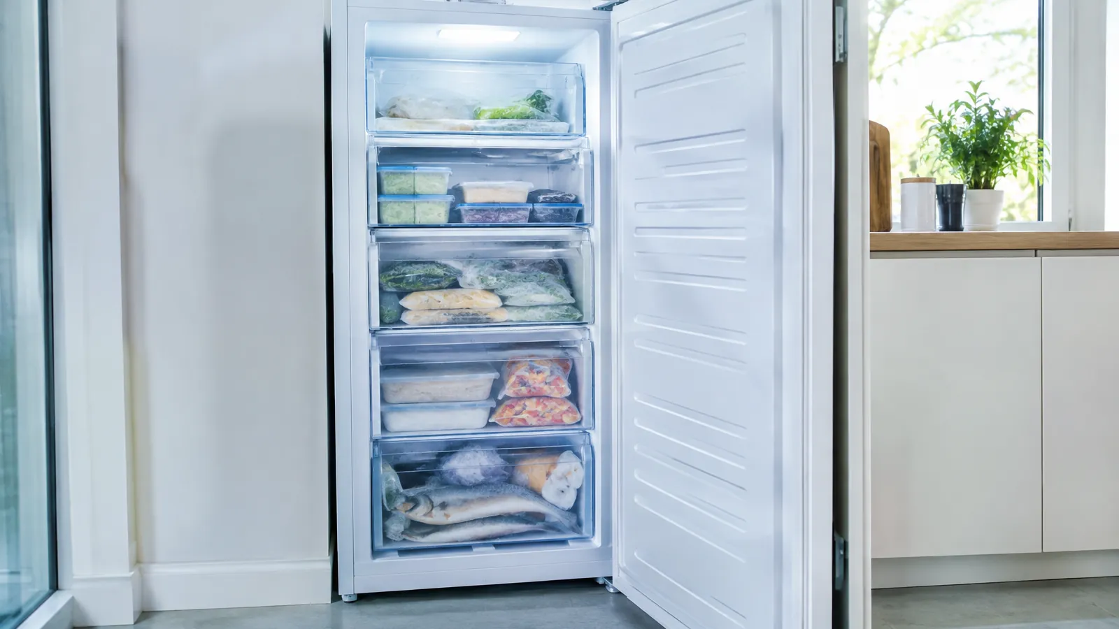 Congélateur armoire blanc ouvert dans une cuisine moderne, tiroirs transparents remplis de boîtes et de sachets