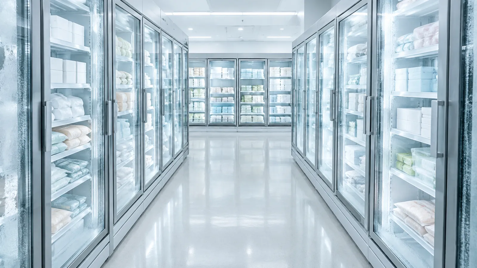 Allée d'un magasin de surgelés bordée de congélateurs vitrés remplis d'emballages unis, sous un éclairage blanc doux