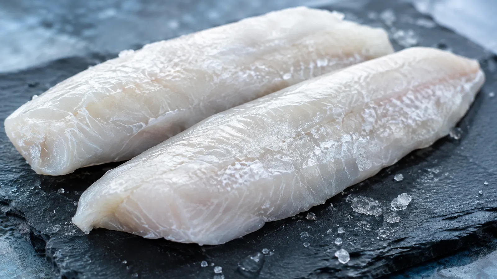 Pavés de poisson blanc surgelés couverts d'une fine couche de glace brillante, posés sur une plaque d'ardoise