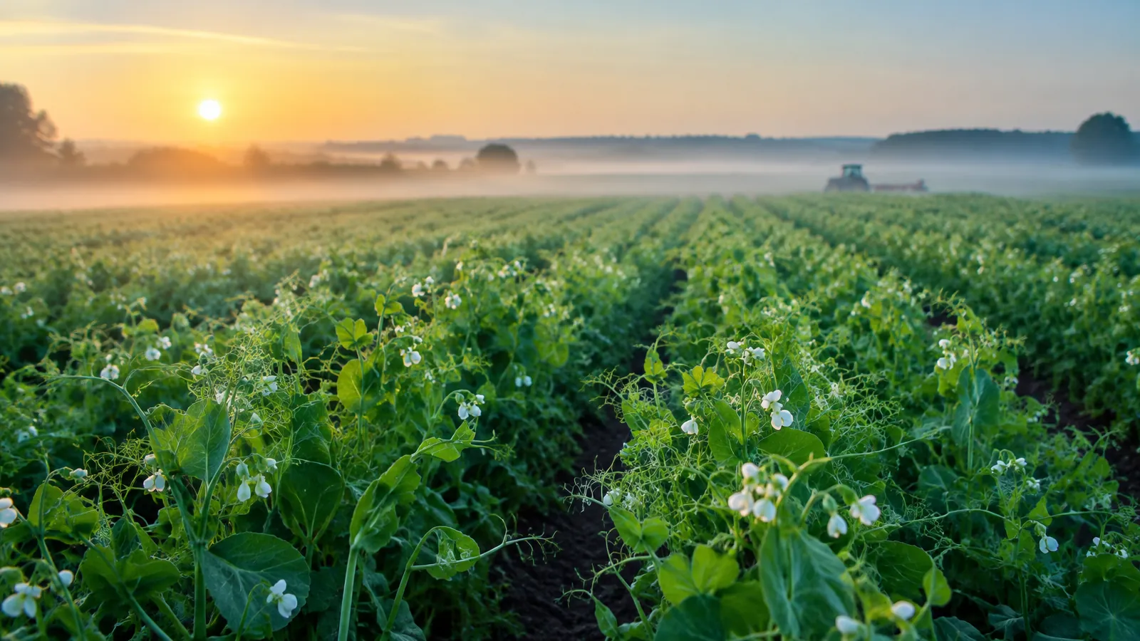 Champ de petits pois en fleurs dans la campagne au lever du soleil, tracteur flou à l'horizon