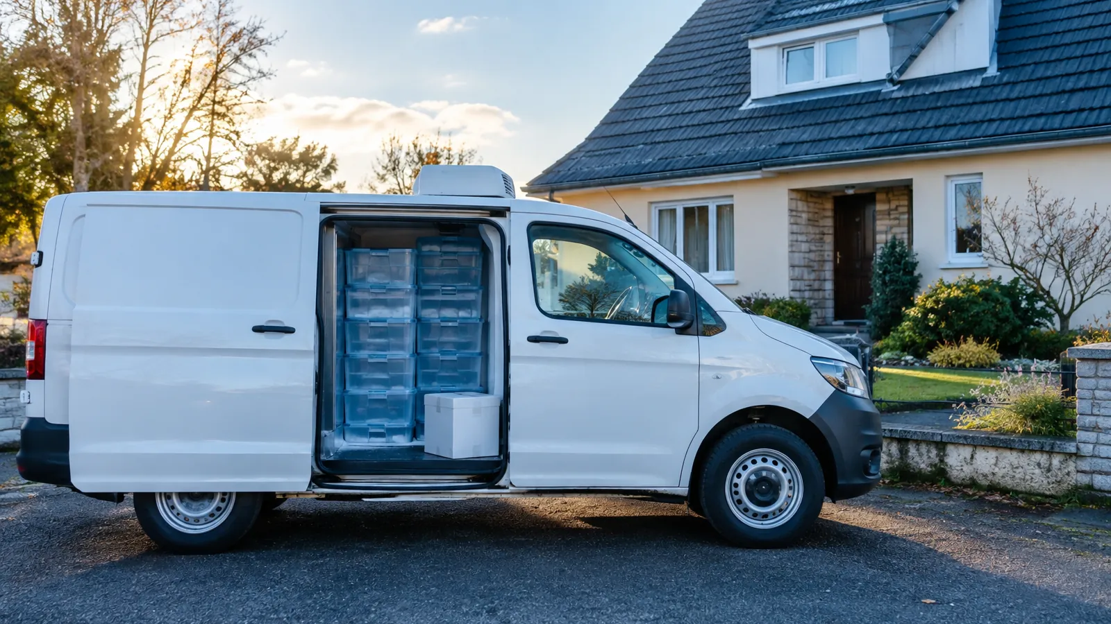 Camion frigorifique blanc sans inscription devant une maison, porte latérale ouverte sur des bacs de surgelés et un carton isotherme