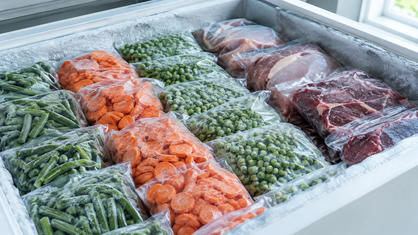 Sachets transparents de légumes surgelés et portions de viande sous vide alignés dans un bac de congélation givré