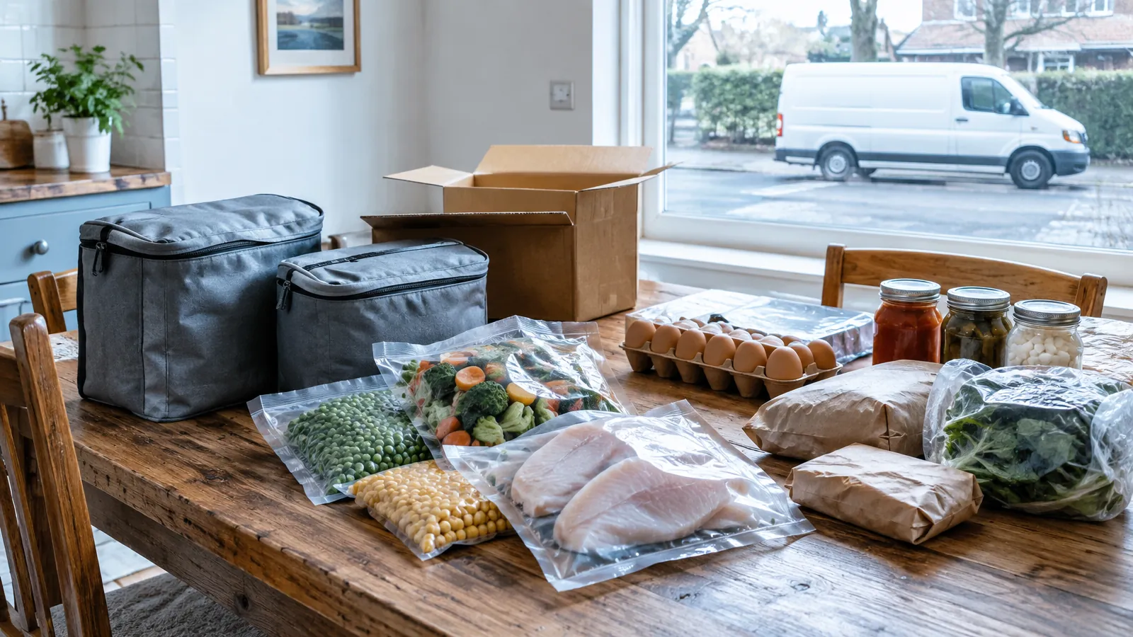 Cartons de livraison, sachets de surgelés givrés et paquets d'épicerie sur une table de cuisine, camion blanc par la fenêtre