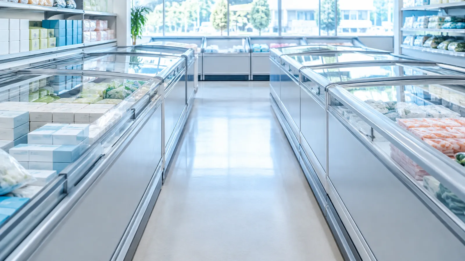 Allée lumineuse d'un magasin de surgelés bordée de congélateurs vitrés garnis de boîtes et sachets sans inscription