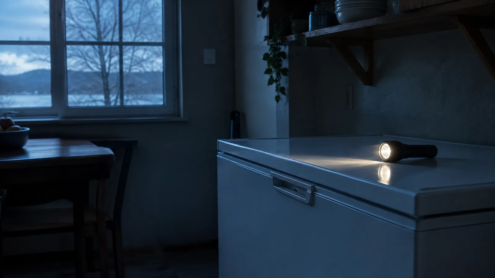 Cuisine dans la pénombre avec une lampe torche allumée posée sur un congélateur coffre fermé