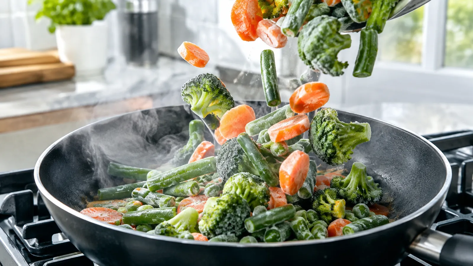 Légumes surgelés givrés versés directement dans une poêle chaude posée sur une cuisinière