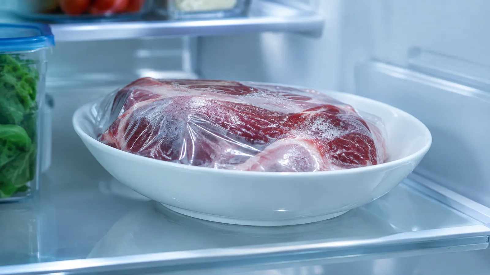 Pièce de viande emballée qui décongèle dans une assiette creuse sur une clayette de réfrigérateur