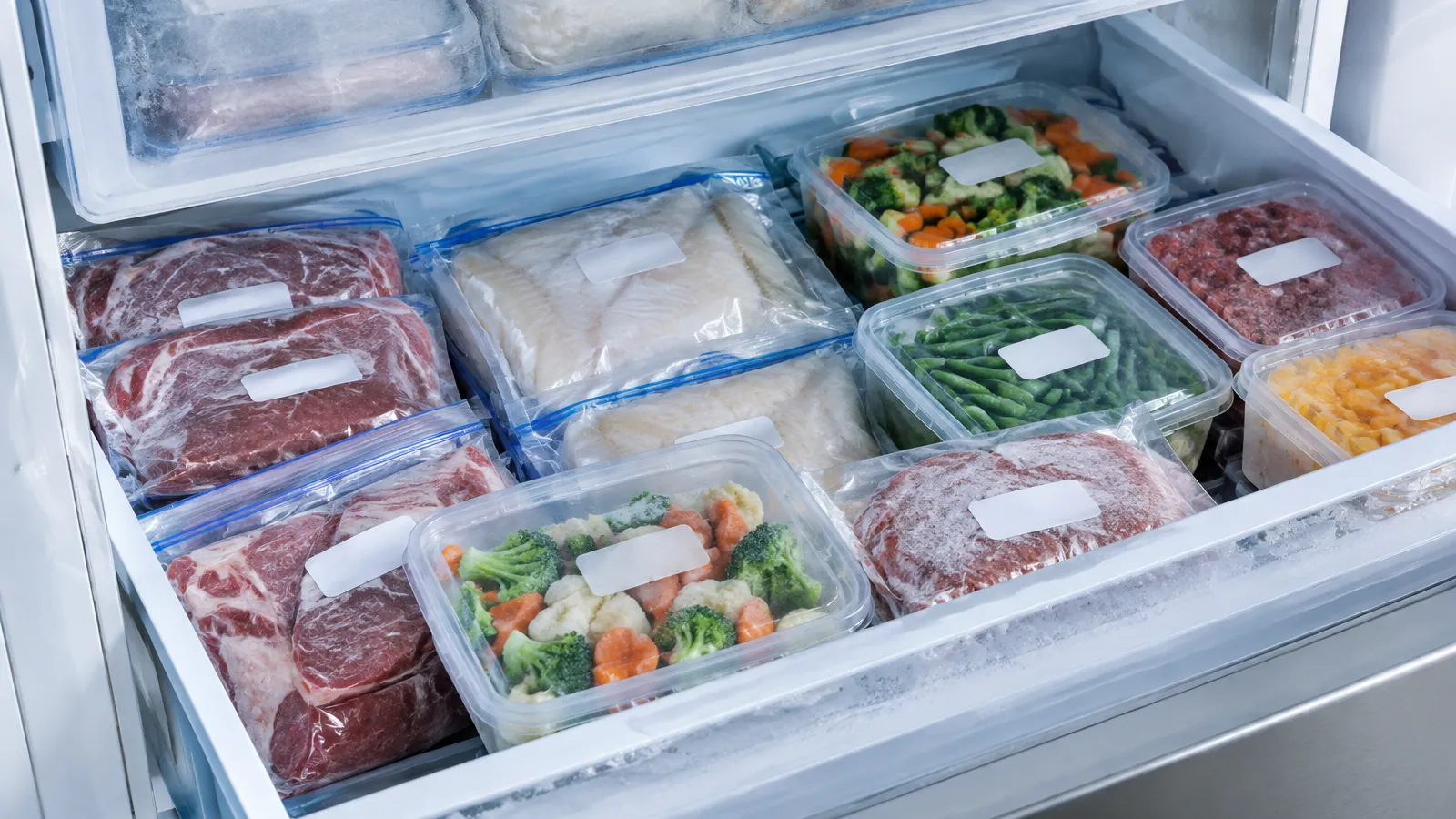 Tiroir de congélateur ouvert rempli de sachets de viande, de poisson et de légumes bien rangés