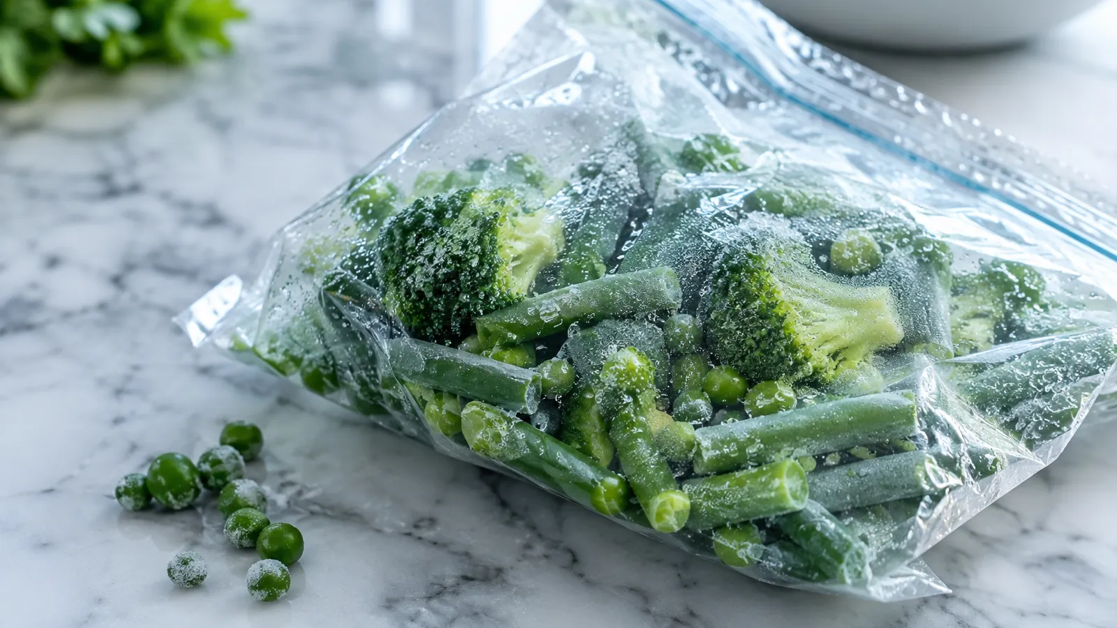 Sachet de légumes surgelés à moitié décongelé, couvert de gouttelettes, sur un plan de travail en marbre blanc