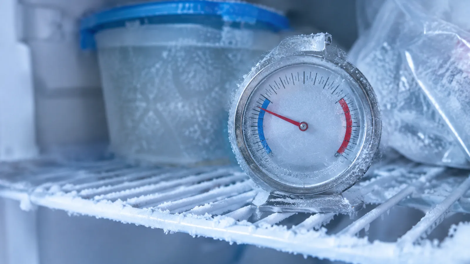 Thermomètre à aiguille posé sur une étagère givrée à l'intérieur d'un congélateur